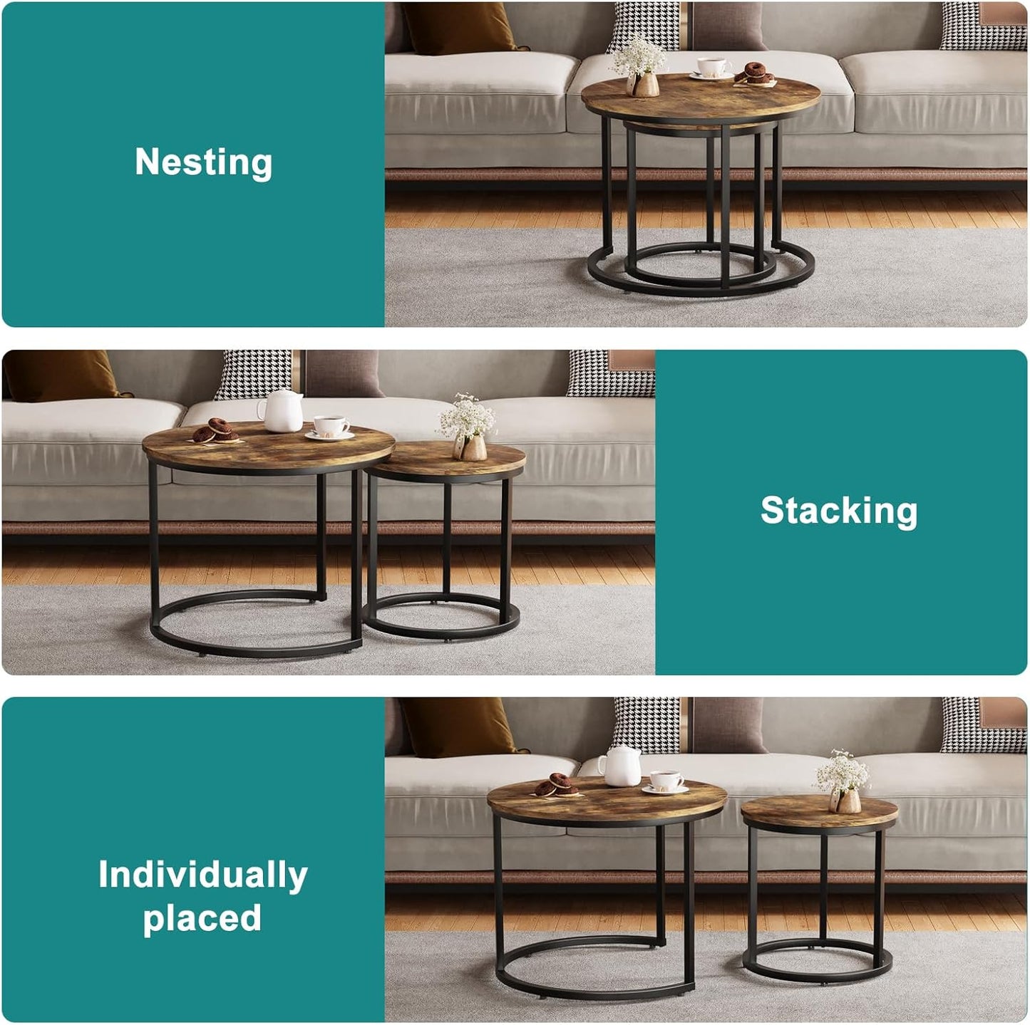 Smuxee Nesting Coffee Table Set of 2, 23.6" Round Coffee Table Rustic Wood Top with Adjustable Non-Slip Feet, Industrial End Table Side Tables for Living Room Bedroom Balcony Yard