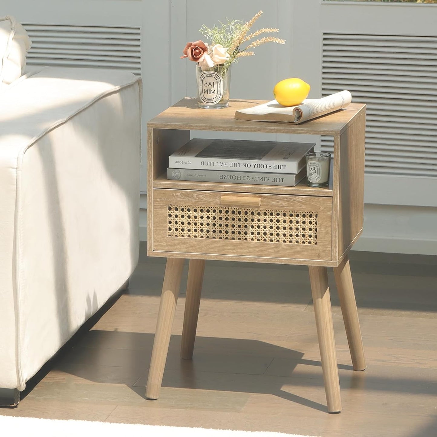 MaxSmeo Rattan Nightstand with Drawer, Mid Century Modern Wood Bedside Table for Living Room, Bedroom and Small Spaces (Rustic Walnut)