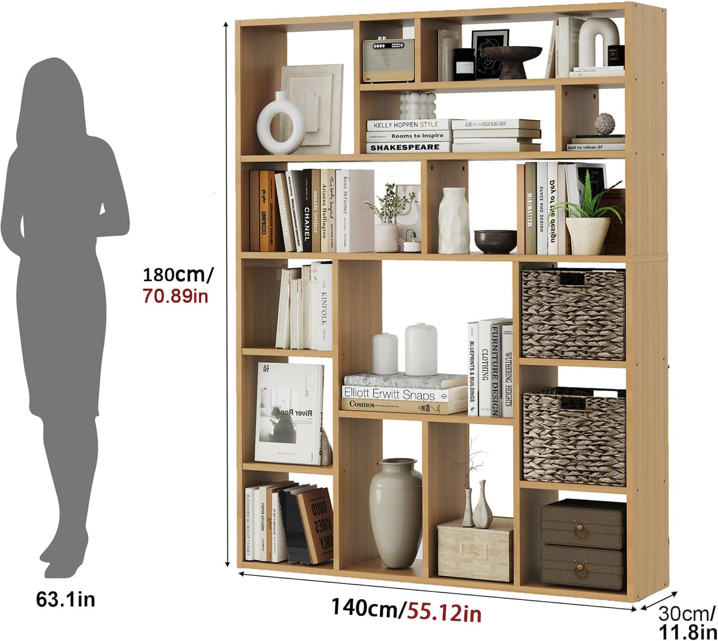 71" Tall 6-Tier Heavy Duty Bookcase with 2 Foldable Storage Baskets, 55" Wide Open Bookshelf with 16 Irregular Cubes for Living Room, Office （Yellow）