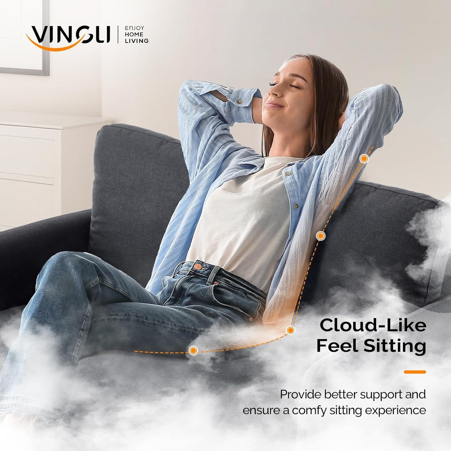 VINGLI 47" Small Couch, Linen Loveseat Sofa Black Mini Couch Mid Century Modern Decor Love Seat for Small Spaces Living Room, Bedroom, Play Room