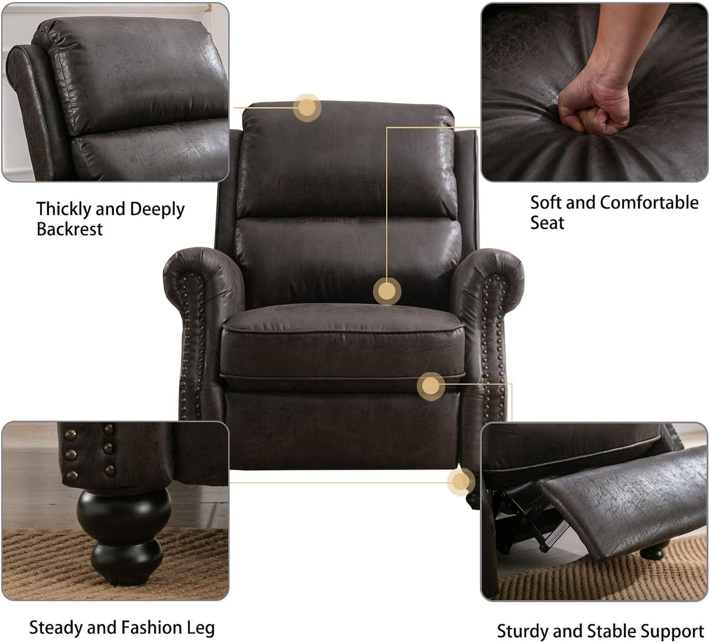 CANMOV Pushback Recliner Chair Faux Leather Armchair Push Back Recliner with Rivet Decoration Single Sofa Accent Chair for Living Room, Dark Grey