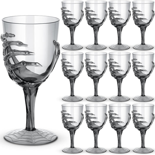 Dandat 12 Pcs Halloween Skeleton Hand Goblets 12oz Clear Plastic Halloween Cups Skull Wine Glass Set for Creepy Spooky Party Decorations (Black)