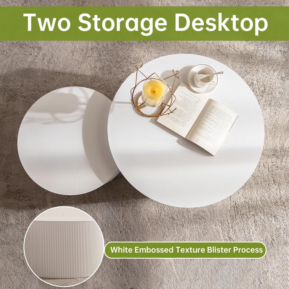 Round Nesting Coffee Table Modern White Fluted Coffee Table Set of 2 Stripe Cream Round Coffee Tables Drum Crescent Side Table Accent End Table for Living Room (White A Large)