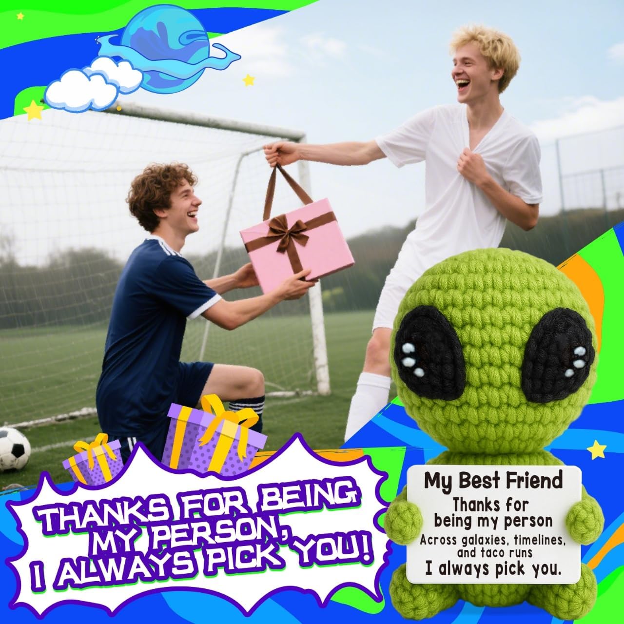 Christmas Unique Long Distance Friendship Gifts Cute Crochet Alien Plush Handmade My Person Fun Figures for Childhood Friends Besties Birthday