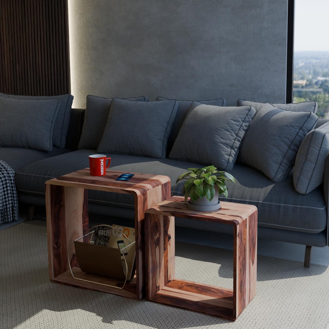 Relso Cascade Nesting Tables for Living Room with Premium Sheesham Wood Construction | Nesting End Tables with Smooth Curved Edges for Safety and Sophistication | Solid Wood Nesting Tables Set of 2