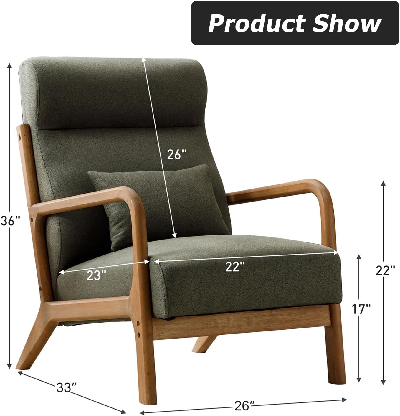 INZOY Mid Century Modern Accent Chair with High Back, Upholstered Living Room Chairs with Waist Cushion, Wood Frame Reading Armchair for Bedroom Sunroom, Green