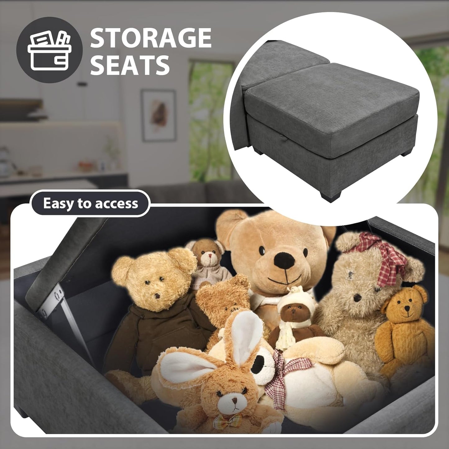 mestyl Modular Sectional Sofa Convertible Sofa Couch Set with Storage for Living Room, Modern 7 Seater Modular Sectional Couch with 2 Movable Ottoman (Grey)