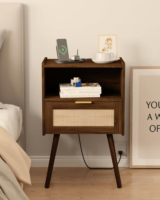 Rattan Nightstand with Outlet,Modern Bedside Table with Storage Drawer and Open Wood Shelf, for Living Room, Bedroom and Small Spaces, Accent Night Stand with Solid Wood Legs,Walnut Brown