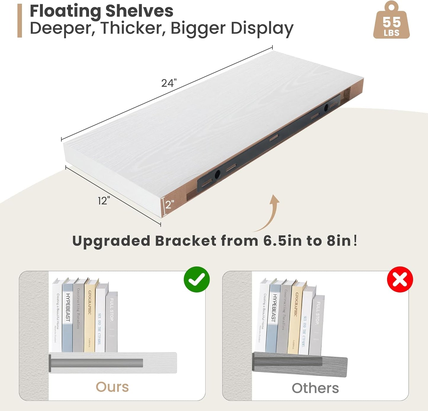 Heimlove 24 x 12 Inch Deep Floating Shelves Wall Mounted with Invisible Brackets,Storage Hanging Shelf for Wall Decor in Bathroom, Bedroom, Toilet, Kitchen, Living Room, Office Set of 2 (White)