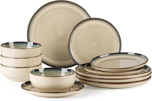 GBHOME Ceramic Dinnerware Sets for 4, 12 Pieces Stoneware Plates and Bowls Sets, Scratch Resistant Dishes, Dishwasher & Microwave Safe, Reactive Glaze-Gravel