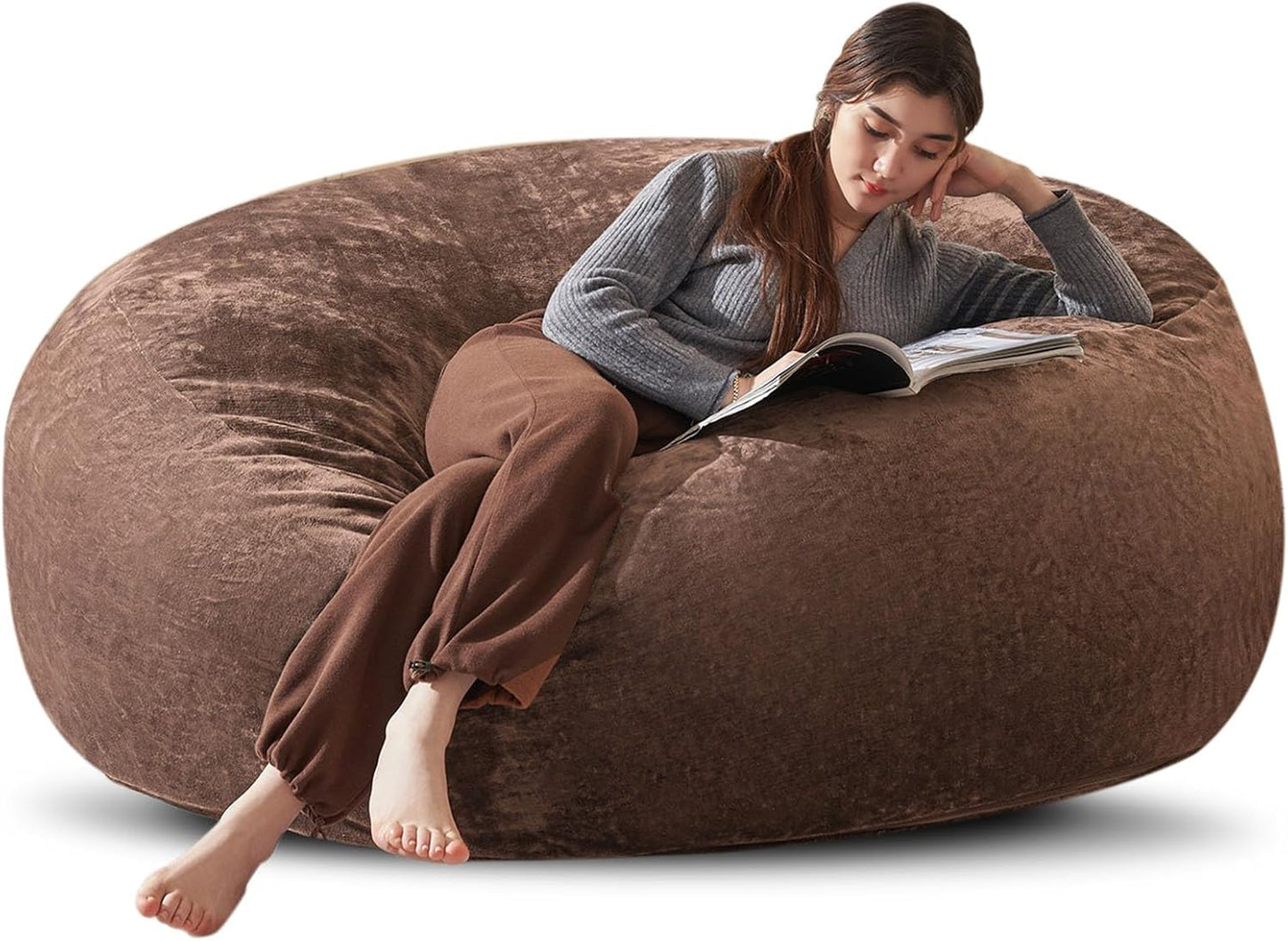 Bean Bag Chair 6Ft, Memory Foam Filled, Large Beanbag Chairs for Adults and Teens, Soft Sofa with Removable Flannel Cover, Round Couch for Living Room Bedroom College Dorm (Coffee, 6FT-67×67"×24")