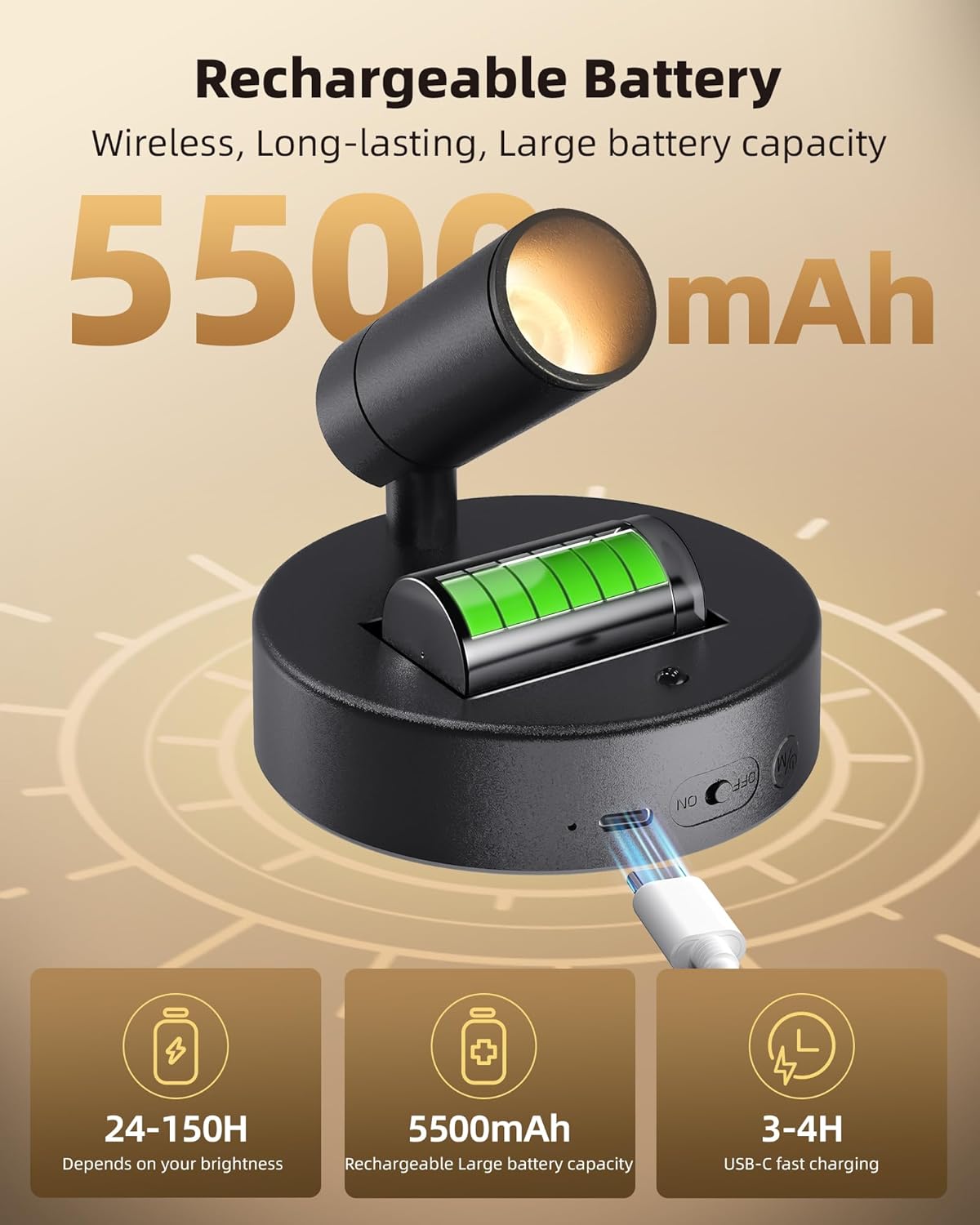 EZVALO Wireless LED Spotlights Indoor, 5500mAh Rechargeable Battery Powered Plants Spotlights Indoor, Dimmable & Timer, 3 CCT Small Up Lights with Remote, Accent Uplighting for Artwork,Tree(Black)