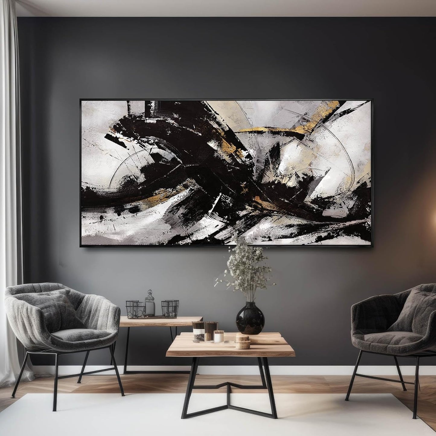 Black Wall Art Abstract Wall Decor for Living Room Framed Wall Art Canvas Art Grunge Artwork Large Office Pictures for Men 24”x48”
