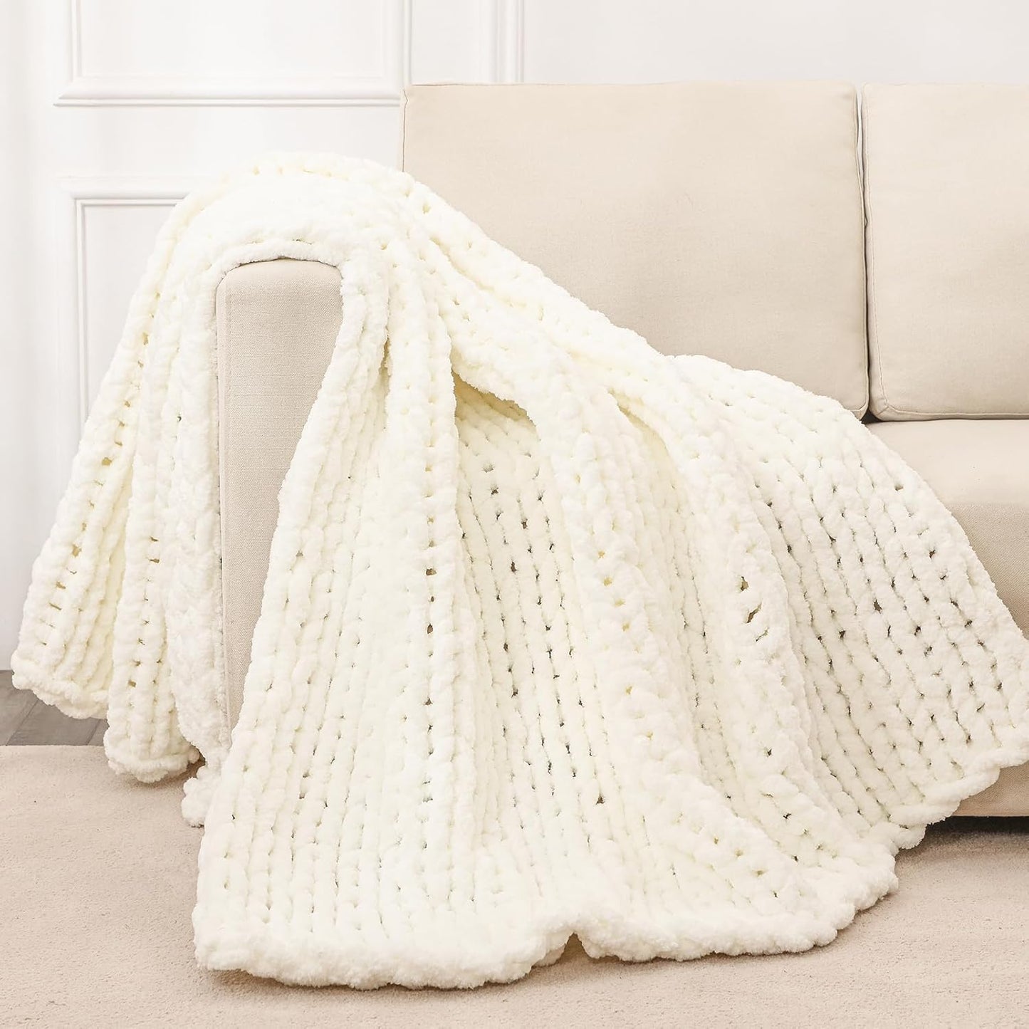 Bigacogo Chunky Knit Throw Blanket for Couch, 80x90 inches, 100% Hand Knitted with Thick Jumbo Chenille Yarn, Cozy Soft Large Rope Knot Cable Crochet Blankets for Sofa Bed Living Room, Ivory