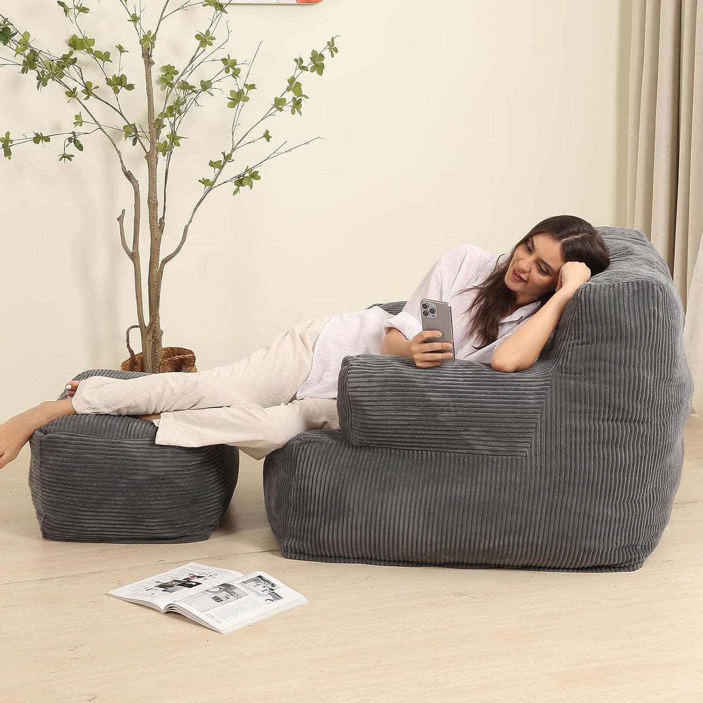 Comfy Gaint Bean Bag Chair with Ottoman, Huge Bean Bag Armchair for Adults and Teens, Dark Grey