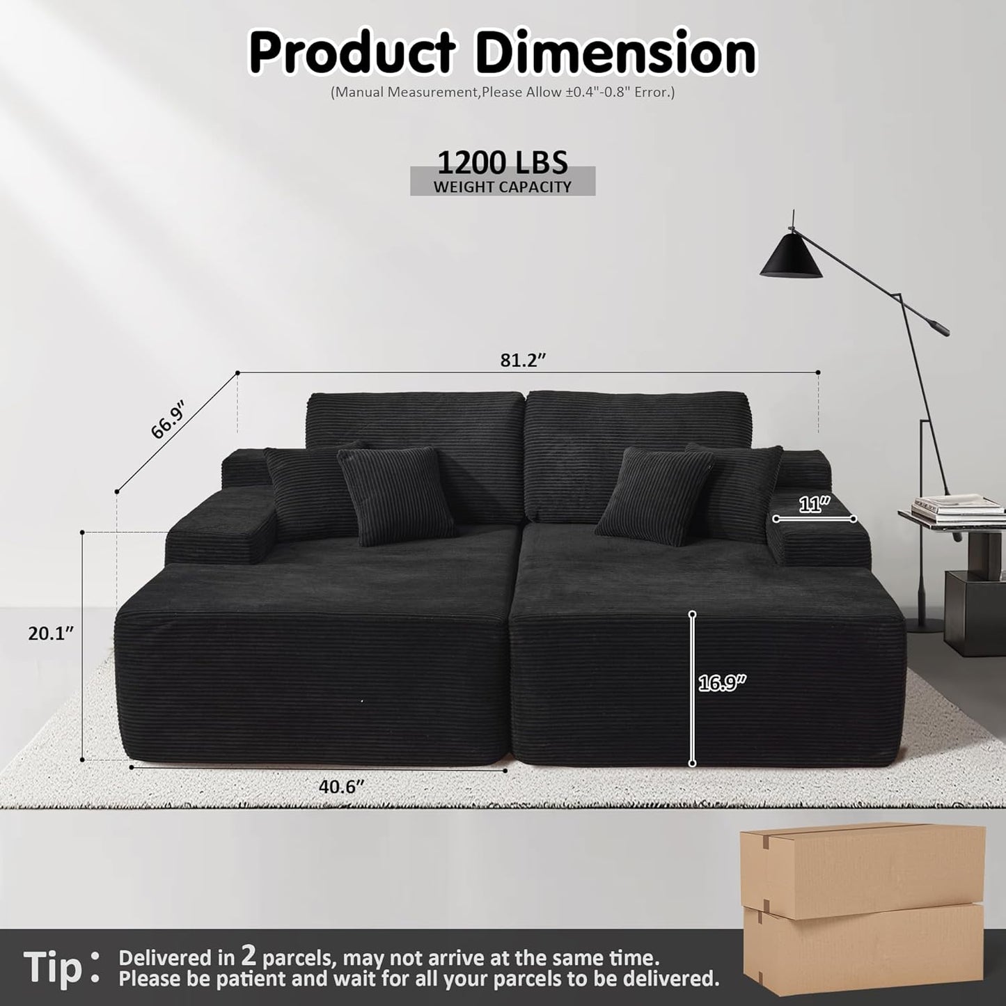 ovios 81" Oversized Sectional Double Lounge Chaise with Cloud Plush Sofa Bed, No Assembly Required, Fluffy Modern Sleeper Loveseat Chair for Indoor Living Room Bedroom Reading, Black (Corduroy Fabric)