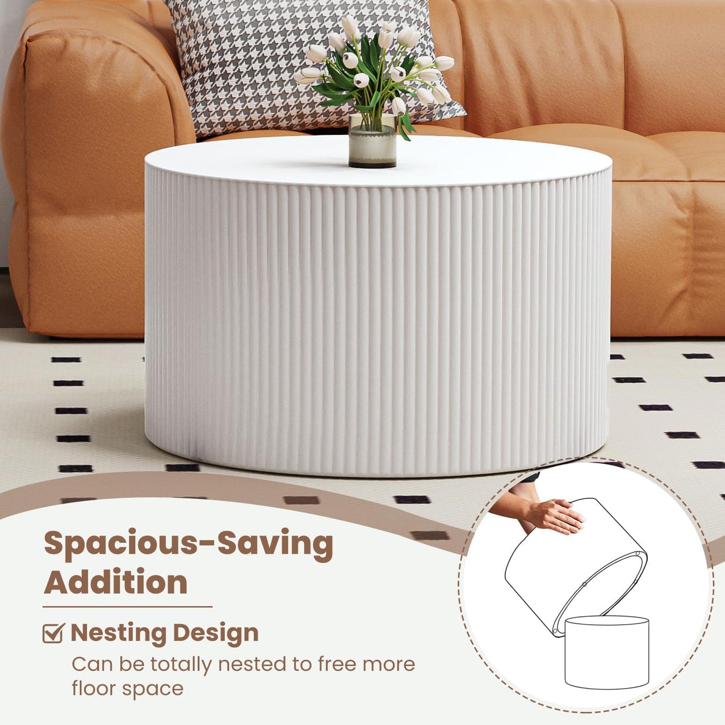 Round Nesting Coffee Table Wood Drum Nesting Tables Modern Stacking Coffee Table Set of 2 Fluted Center Table End Table for Living Room Home Office Small Spaces, No Assembling (White Large)