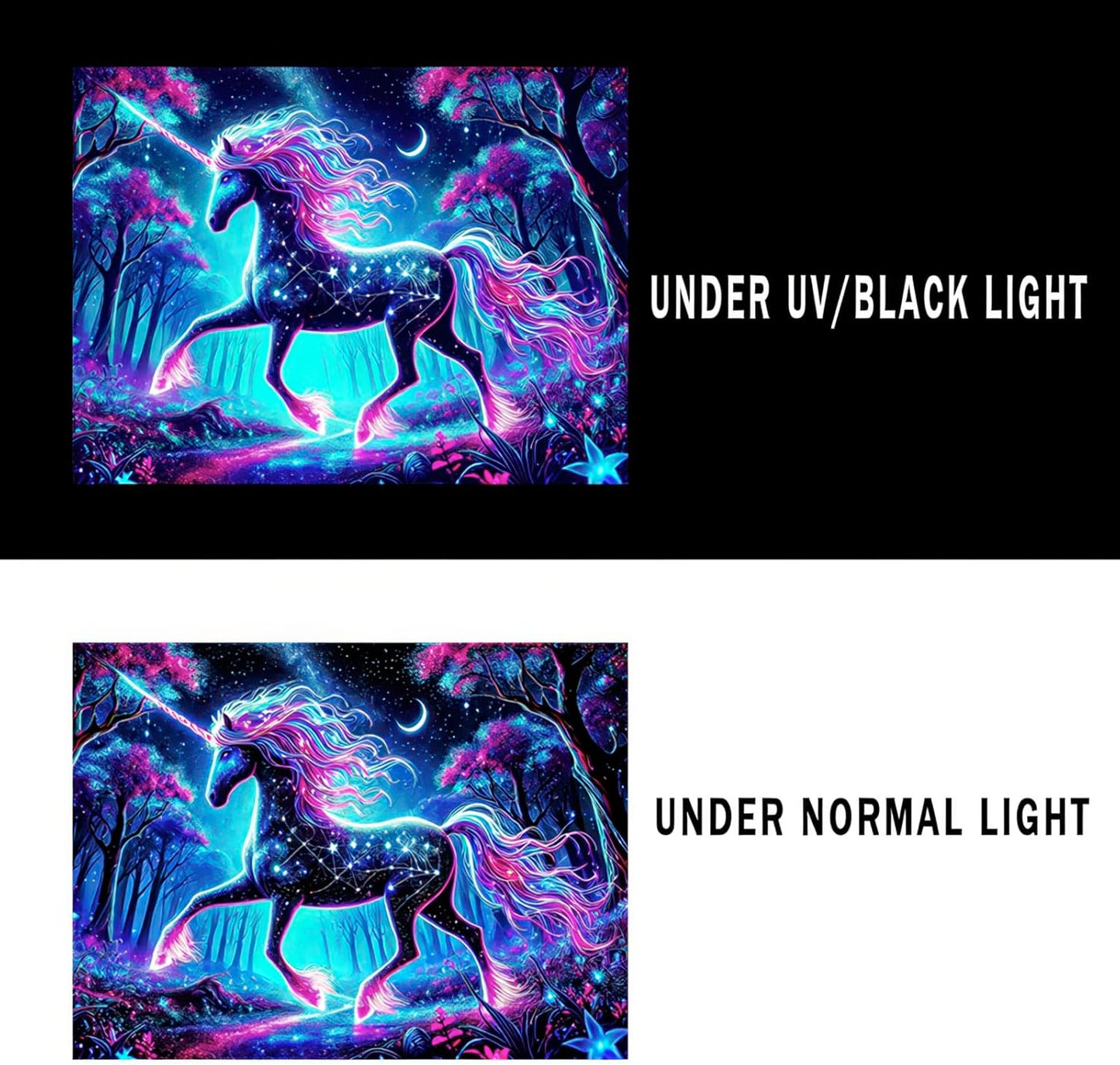 BlissYard Blacklight Unicorn Tapestry UV Reactive Forest Landscape Tapestries Wall Hanging Decor Neon Wolf Wall Tapestry Mysterious Poster Blanket Tapestry for Room Bedroom Dorm Party