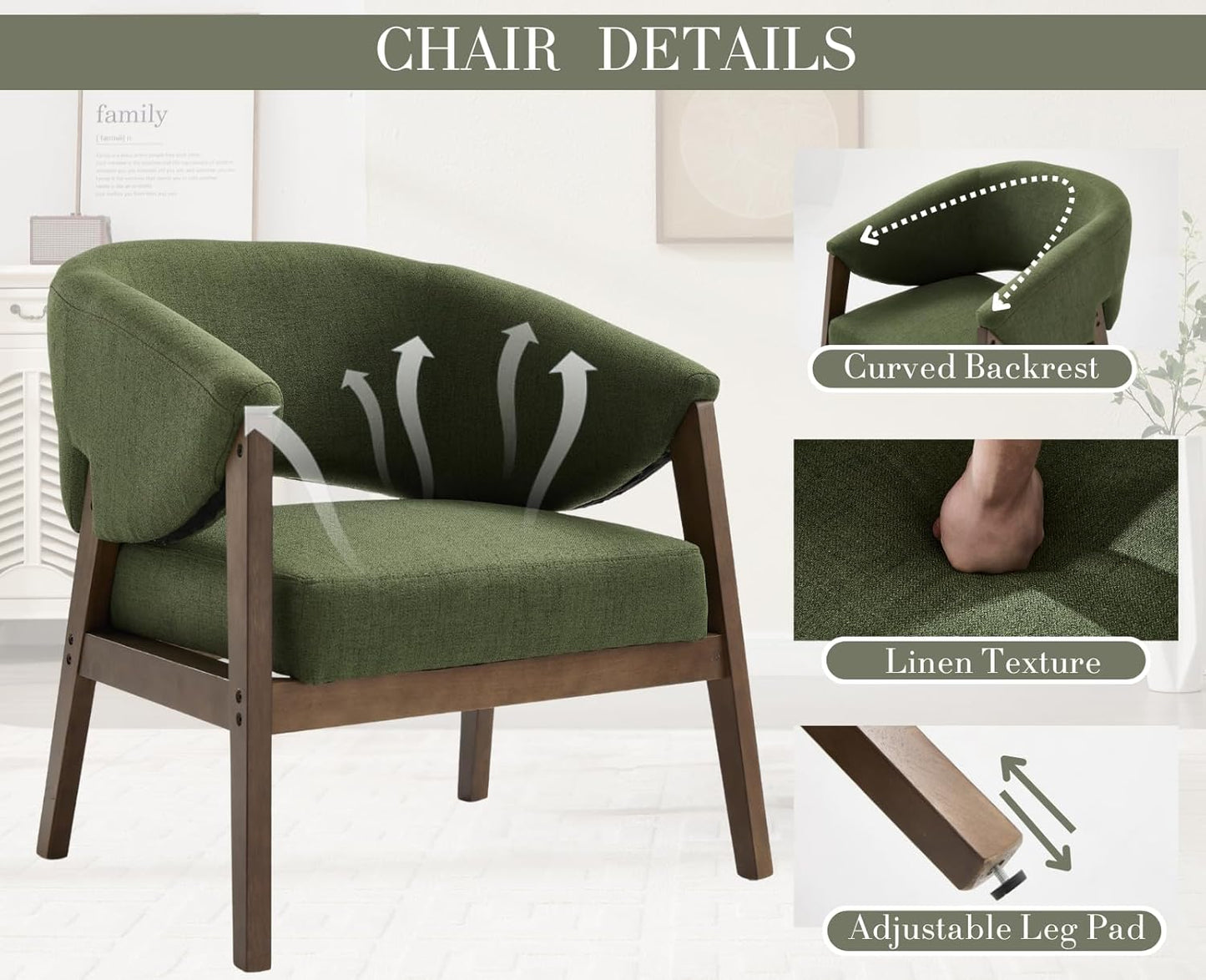 Mid-Century Modern Accent Chairs Set of 2, Comfy Barrel Armchairs with Wide Seat, Upholstered Lounge Chairs with Walnut Wood Legs for Living Room/Bedroom/Reading Corner, Linen Fabric, Deep Green