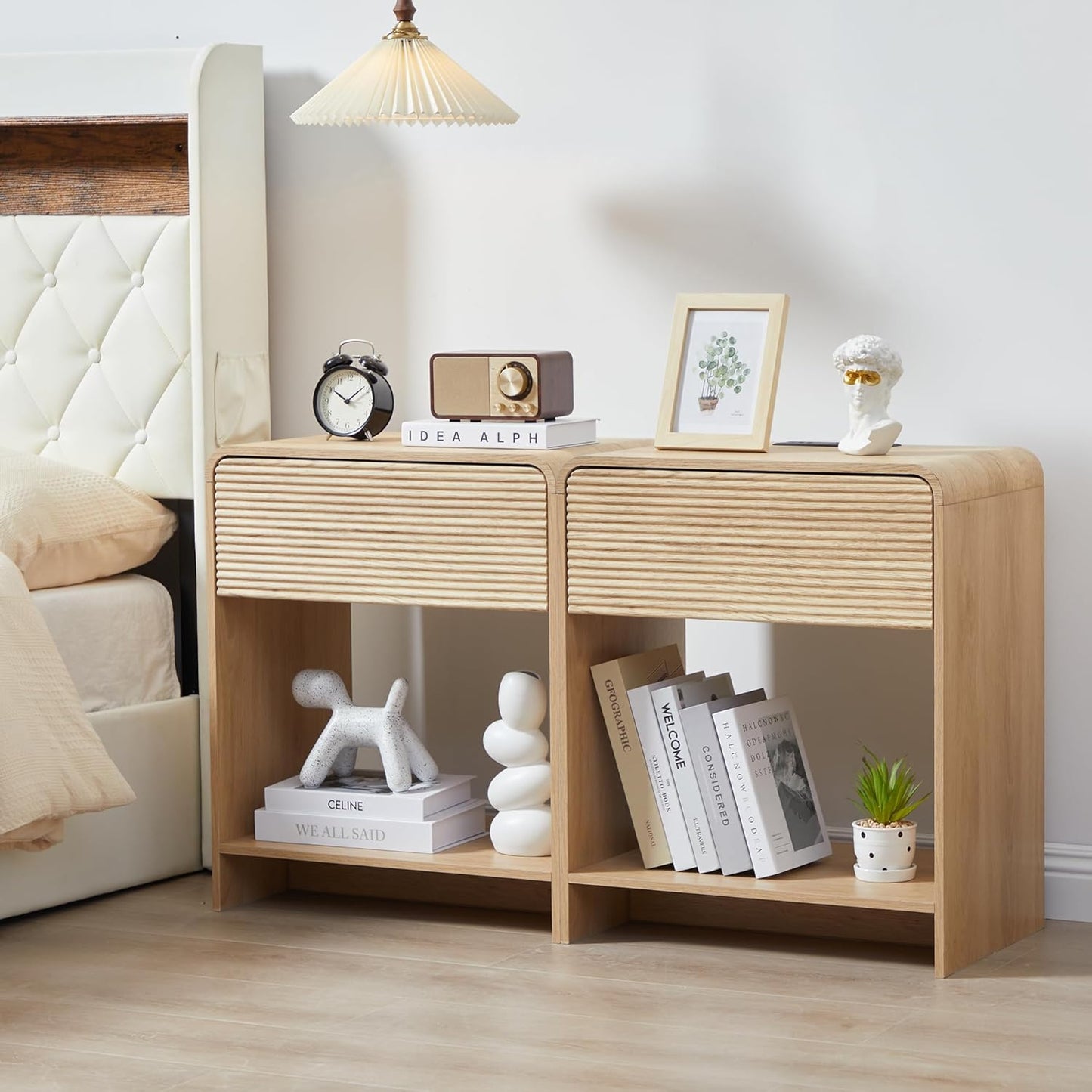 Fluted Nightstand Set of 2 with Charging Station, Modern Bed Side Table End Table with Drawer Storage, Large Wooden Night Stands Bedside for Bedroom Living Room Sofa Office, Natural 2 Sets