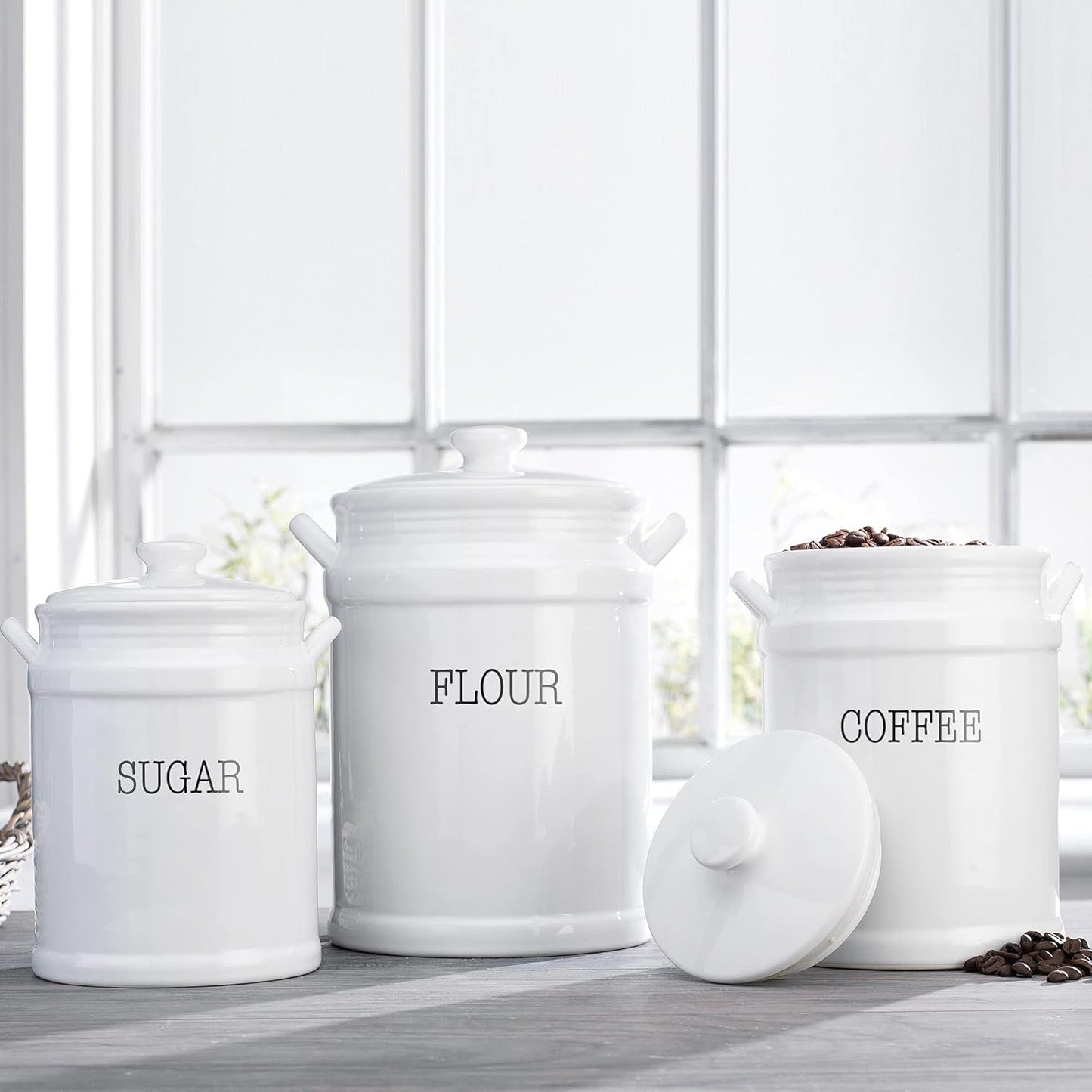 Ceramic Canister Set with Airtight Lids - 3-Piece Kitchen Storage for Flour, Sugar, Coffee, Tea & Spices - Modern Countertop Decor