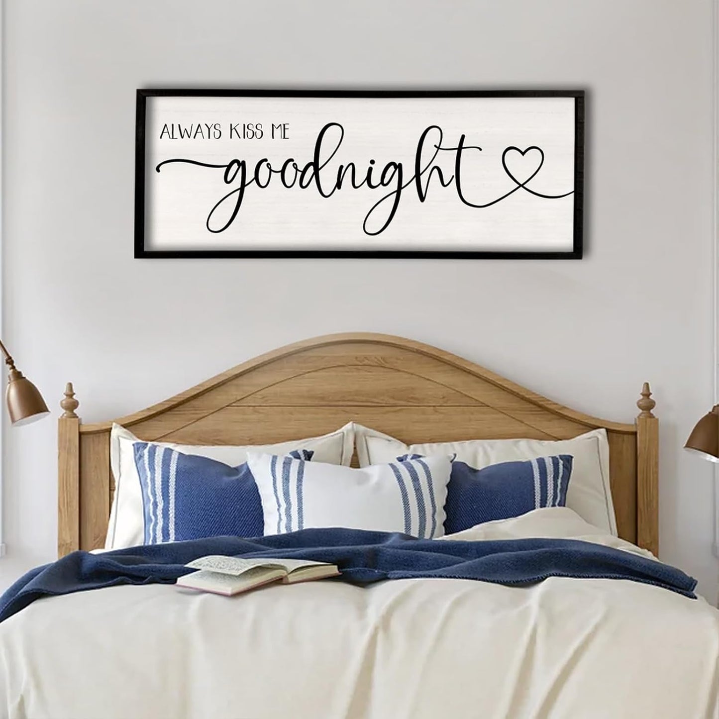 flowtorely Always Kiss Me Goodnight Wall Sign For Master Bedroom Above Bed Wall Decor 40''×15'' Large Rustic Solid Wood Frame For Farmhouse Couples Above bed Wall Art Decoration (Black)