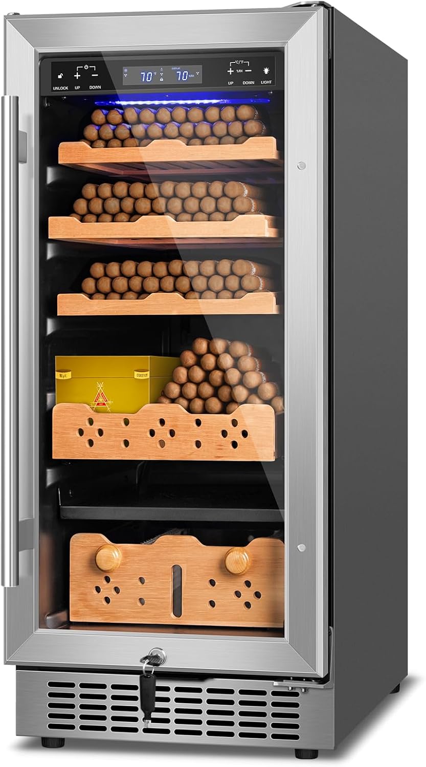 Electric Cigar Humidor, 15 Inch Upgraded Large Capacity Humidor Cabinet with Powerful Compressor, Digital LED Screen, Safety Lock, Smart Humidity & Temp Control, Gifts for Men