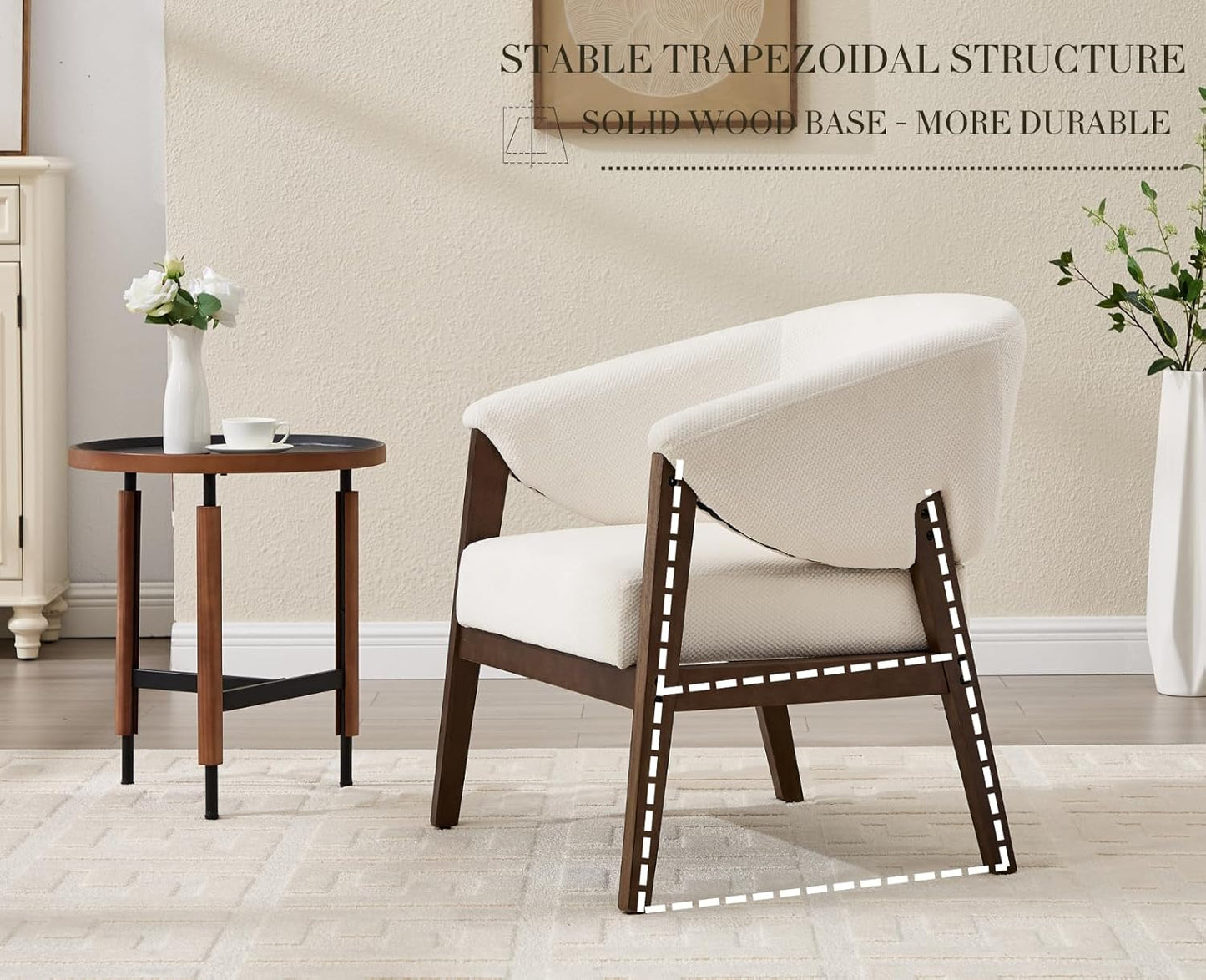 Mid-Century Modern Accent Chair, Comfy Barrel Armchair with Wide Seat, Upholstered Lounge Chair with Walnut Wood Legs for Living Room/Bedroom/Reading Corner, Chenille, Beige, 1PC