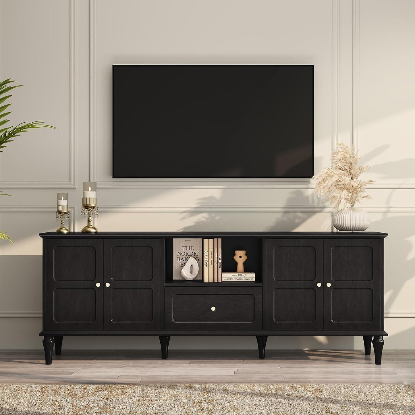 ARTPOWER 67'' Mid-Century Modern TV Stand with Storage Drawer and Doors, Long TV Stand with Adjustable Shelves for 75 Inch TV for Living Room, Bedroom, Black