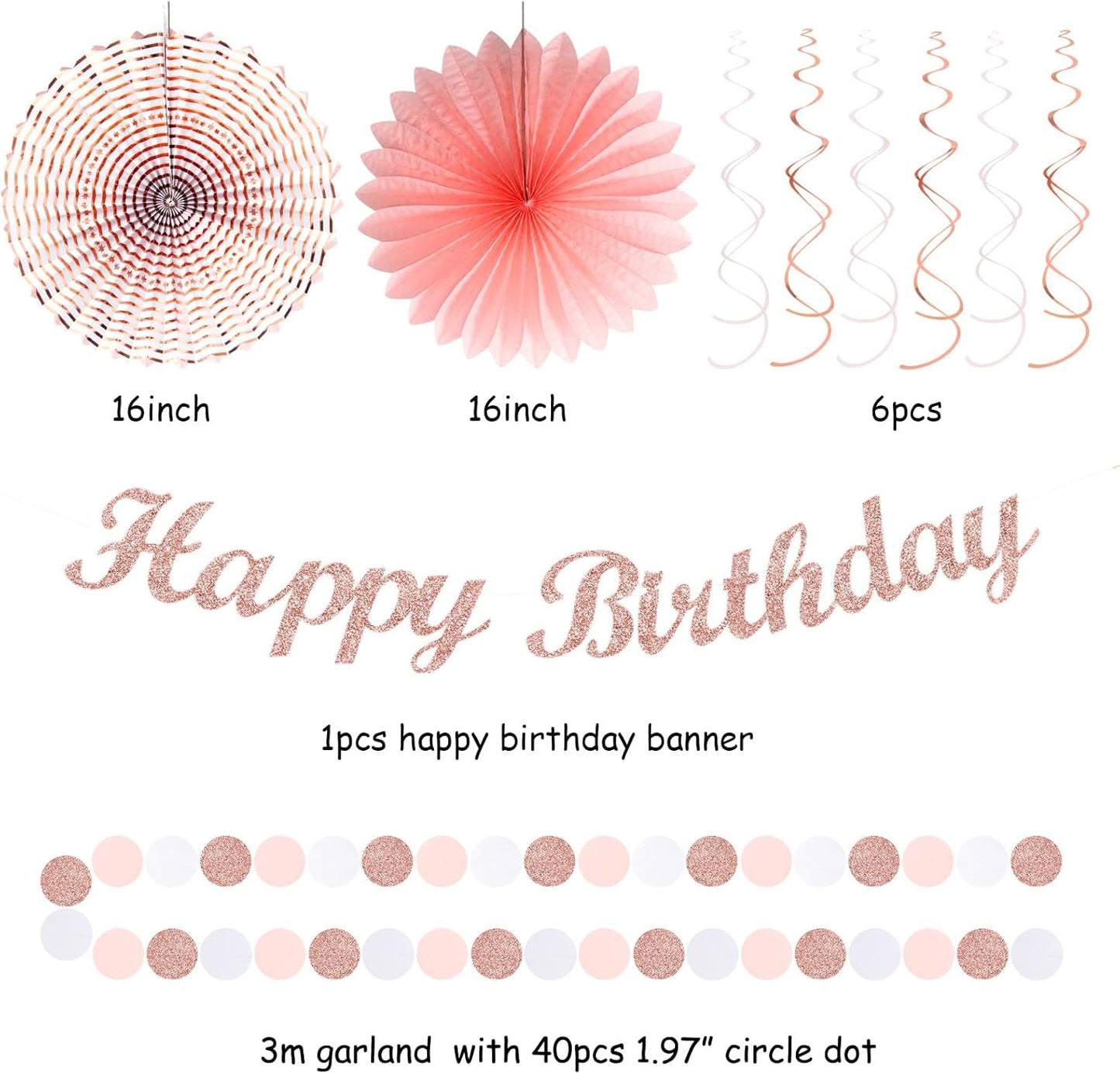 Pink White Rose-Gold Birthday Party-Decorations - 21pcs Happy Banner, Paper Lanterns,Tissue Pom Poms Flower Fan,Honeycomb Ball,Swirl Streamers Garland Supplies Decor Girls Women Huglony