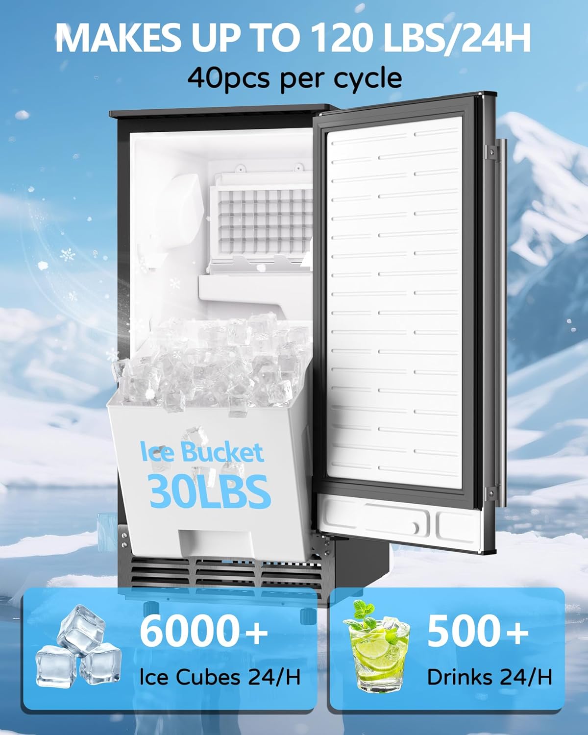 Commercial Ice Maker Machine Reversible Door 120LBS/Day, Undercounter Ice Makers 30LBS Storage Bin and 40 Ice Cubes, Icemaker Machine Brushed Metal with Water Line, Ice Scoop