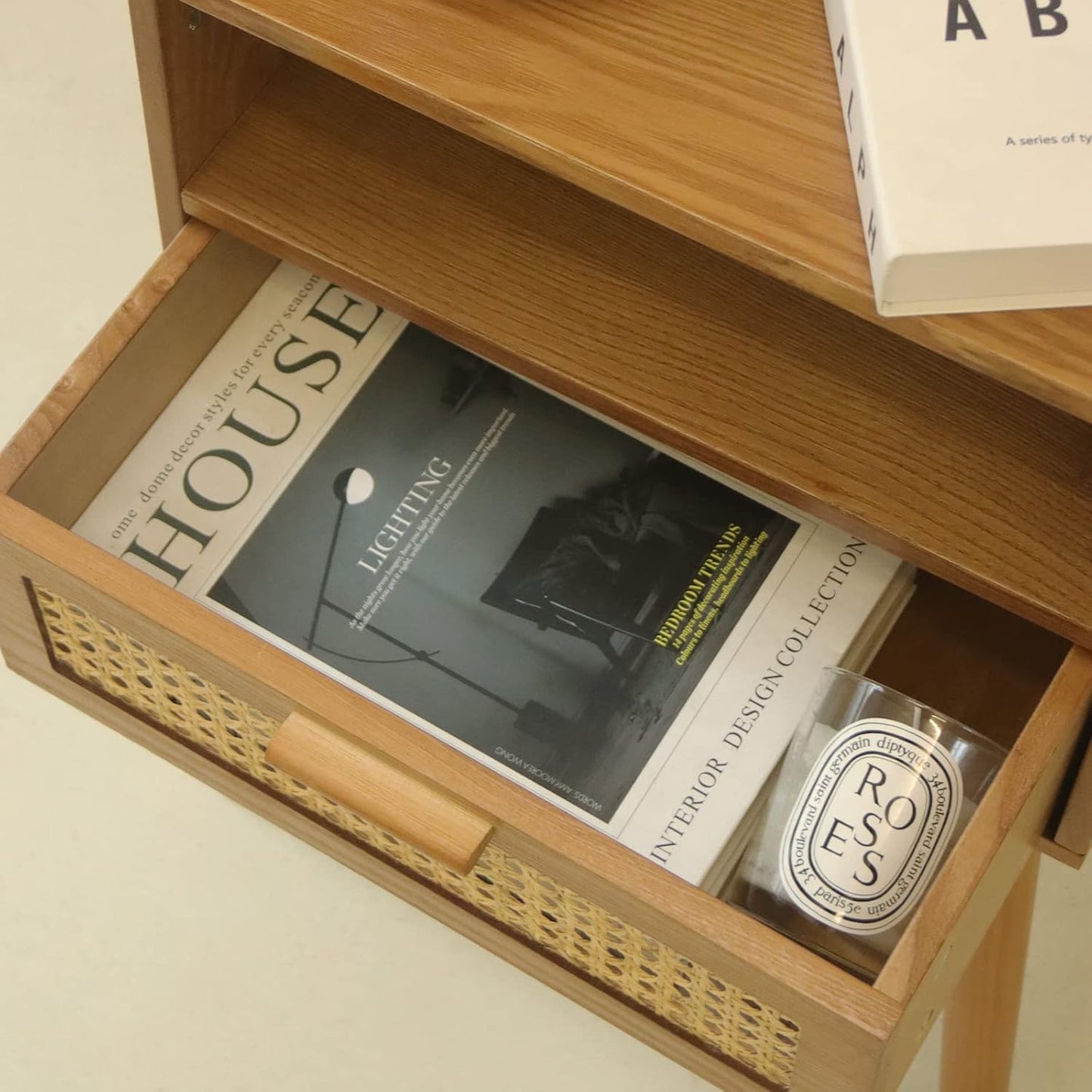 MaxSmeo Mid Century Modern Nightstand with Drawer, Small Nightstand Bedside Table, Rattan Nightstand, Wood End Table for Bedroom, Living Room (Brown)