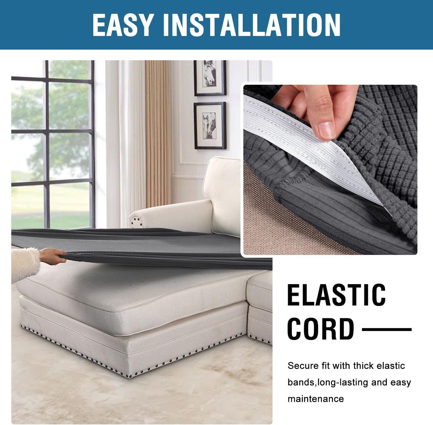 H.VERSAILTEX Super Stretch Individual Chaise Cover Sectional Couch Covers for L Shaped Sofa Both Left/Right Featuring Thick Jacquard Textured Twill Fabric (1 Piece Chaise Cover Large, Grey)