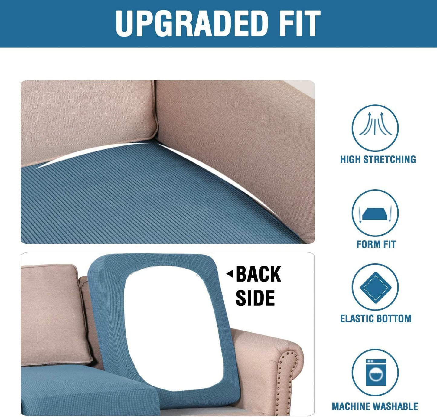 H.VERSAILTEX Super Stretch Individual Seat Cushion Covers Sofa Covers Slipcover Sets Thick Jacquard Textured Twill Fabric (3 Piece, Dusty Blue)