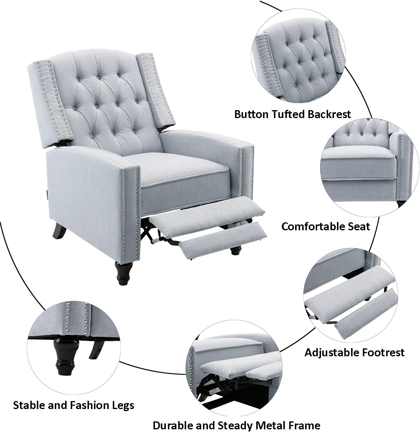 Fabric Push Back Recliner Chair Mid Century Tufted Single Comfy Reading Sofa Chair for Living Room/Bedroom/Home Theatre, Grey