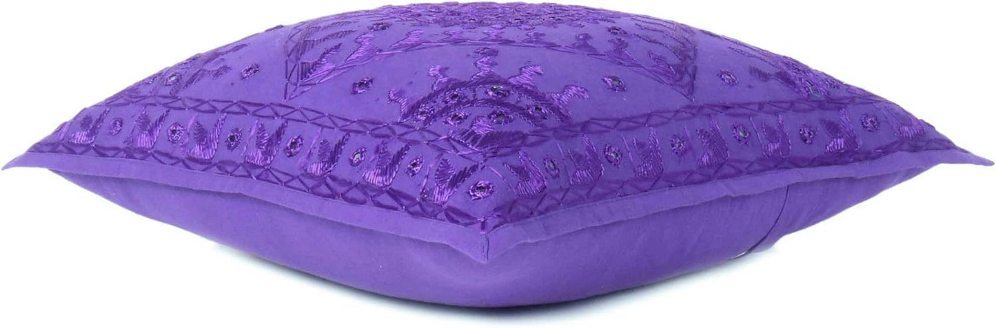 Eyes of India Embroidered Decorative Boho Throw Pillow Cover with Mirrors, Handmade Bohemian Accent Cushion Case for Sofa Couch Bedroom Living Room (Purple, 24" x 24")