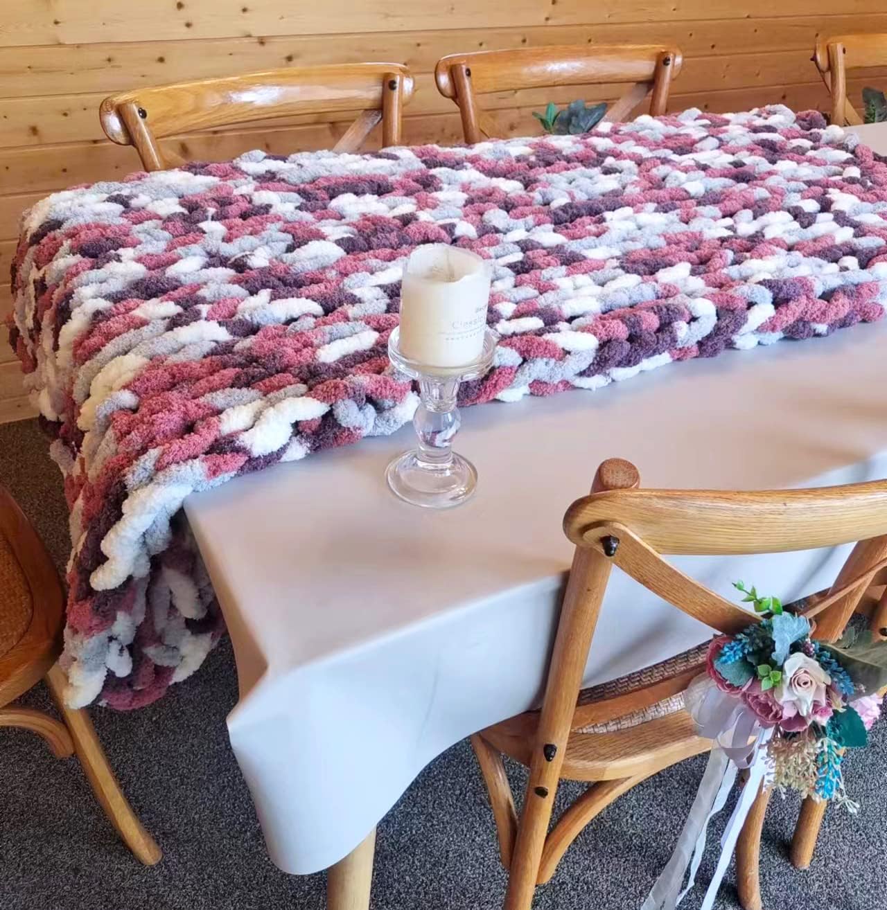 DDL&HEXI Chunky Chenille Blanket 100% Hand Knit with Jumbo Chenille Yarn (50"x60") Super Soft Large Throw Bed Blanket for Couch, Sofa, Home Decor - Machine Washable (05)