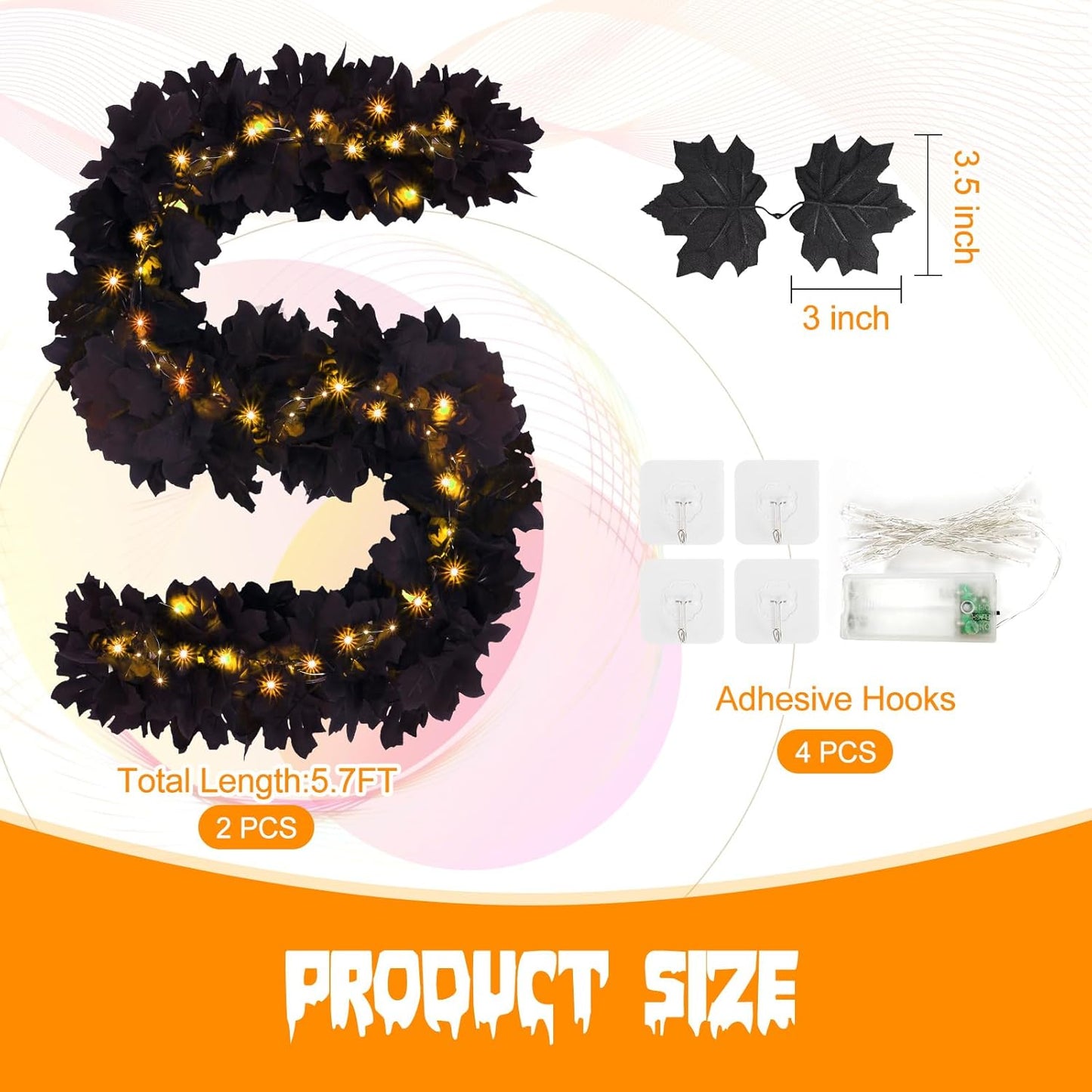 Joyhalo 2 Pack Halloween Garland with Lights, Black Maple Leaves Lighted Garland for Mantle, 5.7FT Light Up Leaf Autumn Vines Outdoor for Door Frame, Fireplace and Thanksgiving Fall Decor