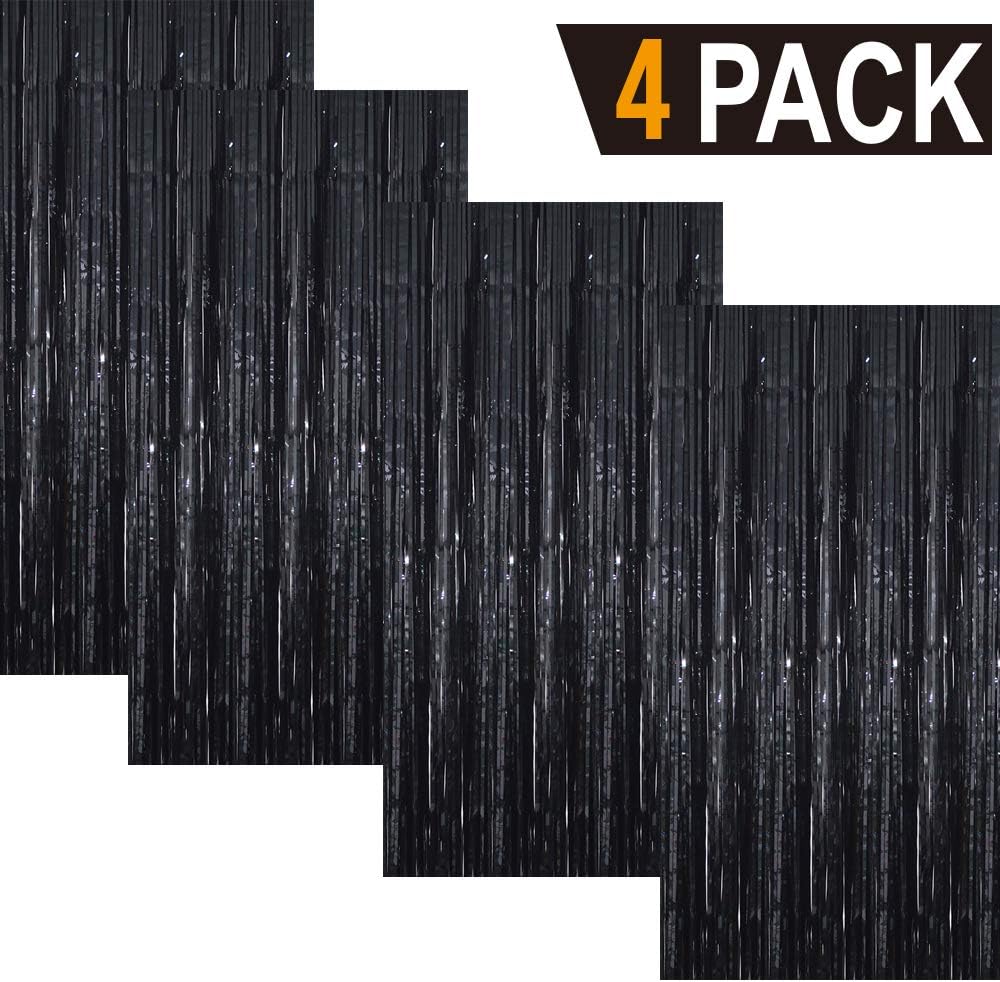 GOER 3.2 ft x 9.8 ft Metallic Tinsel Foil Fringe Curtains Party Photo Backdrop Party Streamers for Halloween,Birthday,Graduation,New Year Eve Decorations Wedding Decor (4 Packs,Black)