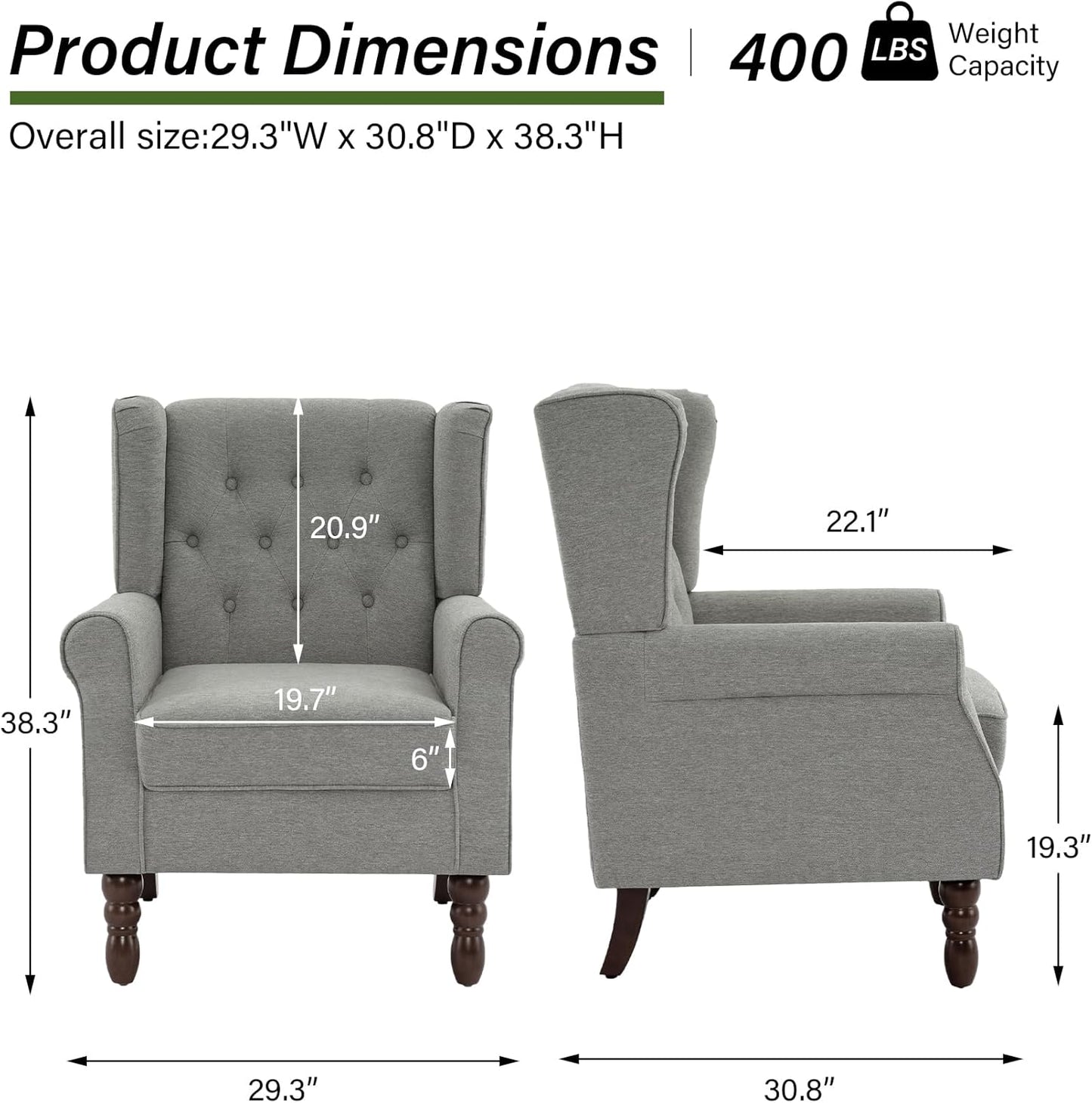 Accent Chair, Upholstered Armchair with Button Tufted High Back & Solid Wood Legs, Comfy Wingback Reading Single Sofa Chair for Small Spaces, Living Room, Bedroom (Light Grey, Set of 2)