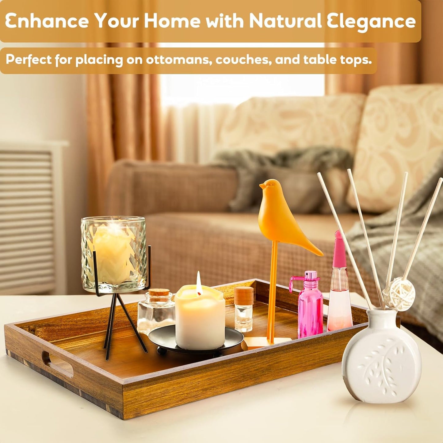 YOUEON 2 Pack Large Acacia Wood Serving Tray with Handles, 17x12 Inch Decorative Wood Trays for Serving Food, Party, Rectangle Ottoman Tray, Coffee Table Trays for Bed, Living Room, Kitchen