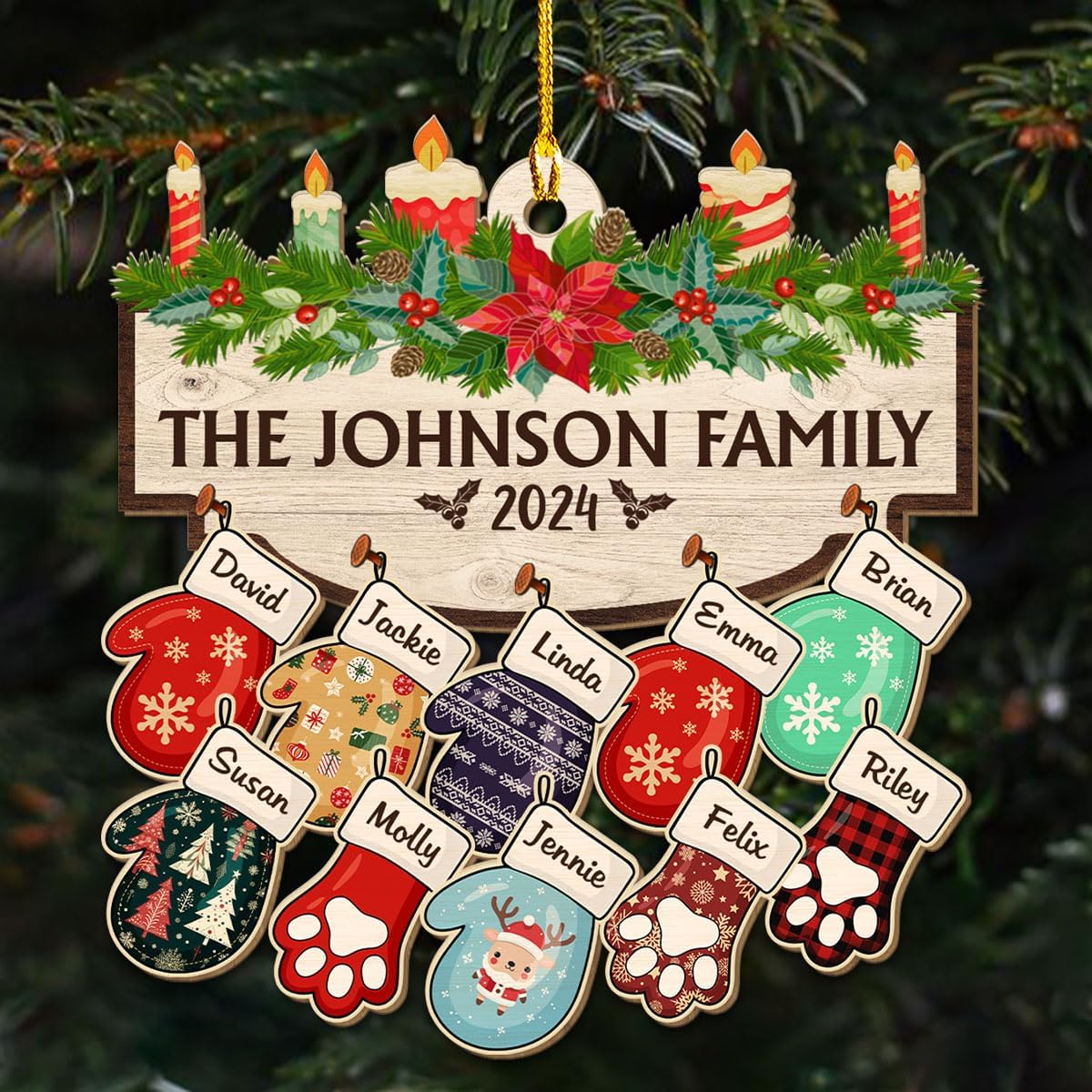 Family with Pet Ver 2 - Personalized Custom Wood Ornament, Family Gloves Christmas Ornament 2024, Xmas Ornament Gifts for Family Tree Decoration (A06, 2 Names)