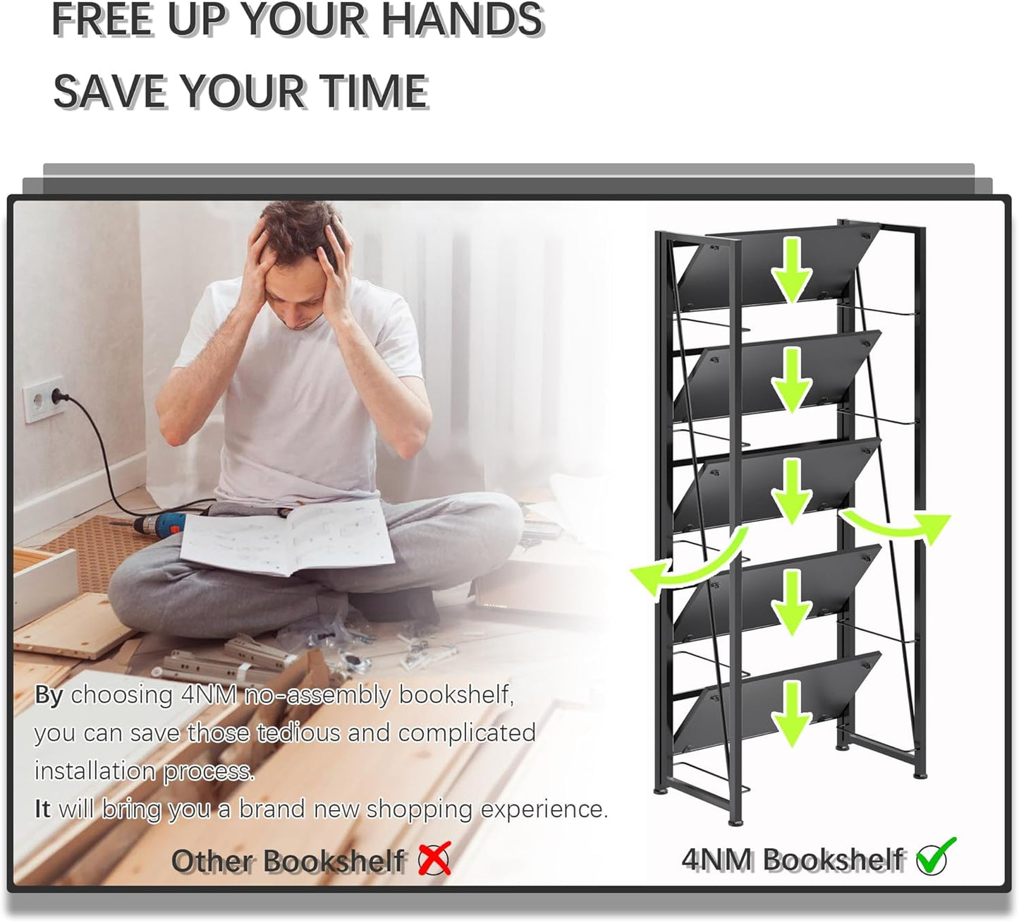 4NM No Assembly Foldable Bookshelf, 5-Shelf Collapsible Bookcase Storage for Small Spaces, 62.2" H, All Black