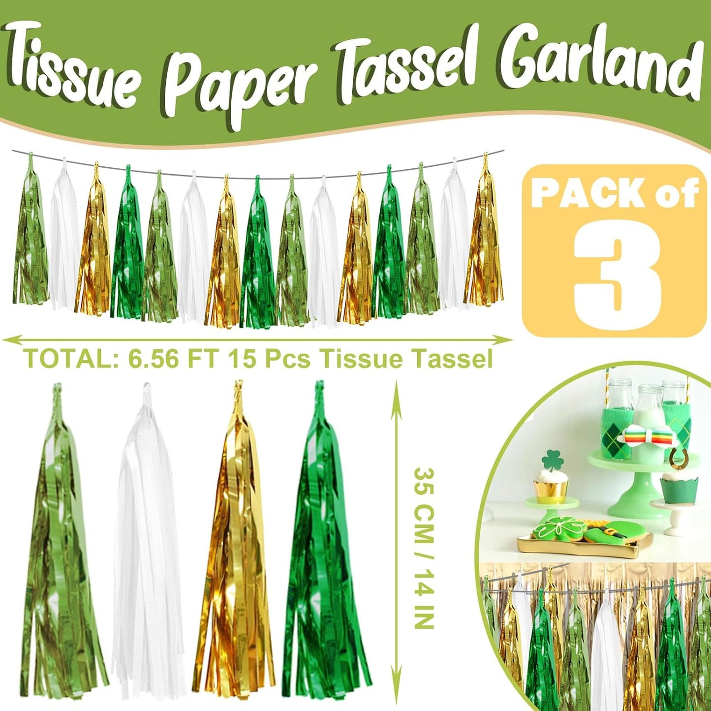 3P Sage-Green Beige-Mint Gold Foil Fringe Metallic Tassel Garland Banner, Tassels Banner Streamers for Parade Floats, Bachelorette, Wedding, Birthday, Christmas, Bridal/Baby Shower Party Decorations