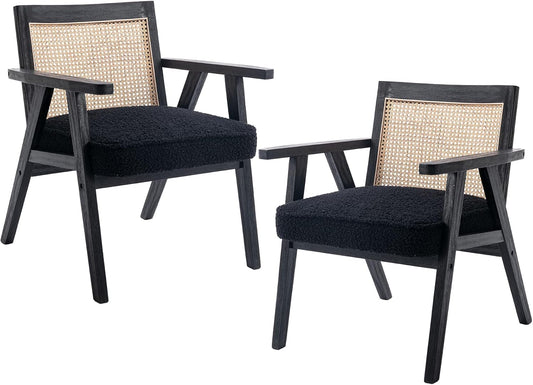 Accent Rattan Chairs Set of 2, Faux Fur Upholstered Living Room Chairs with Cane Back, Retro Mid Century Modern Cane Chair Armchair for Reception Reading Indoor Outdoor, Black