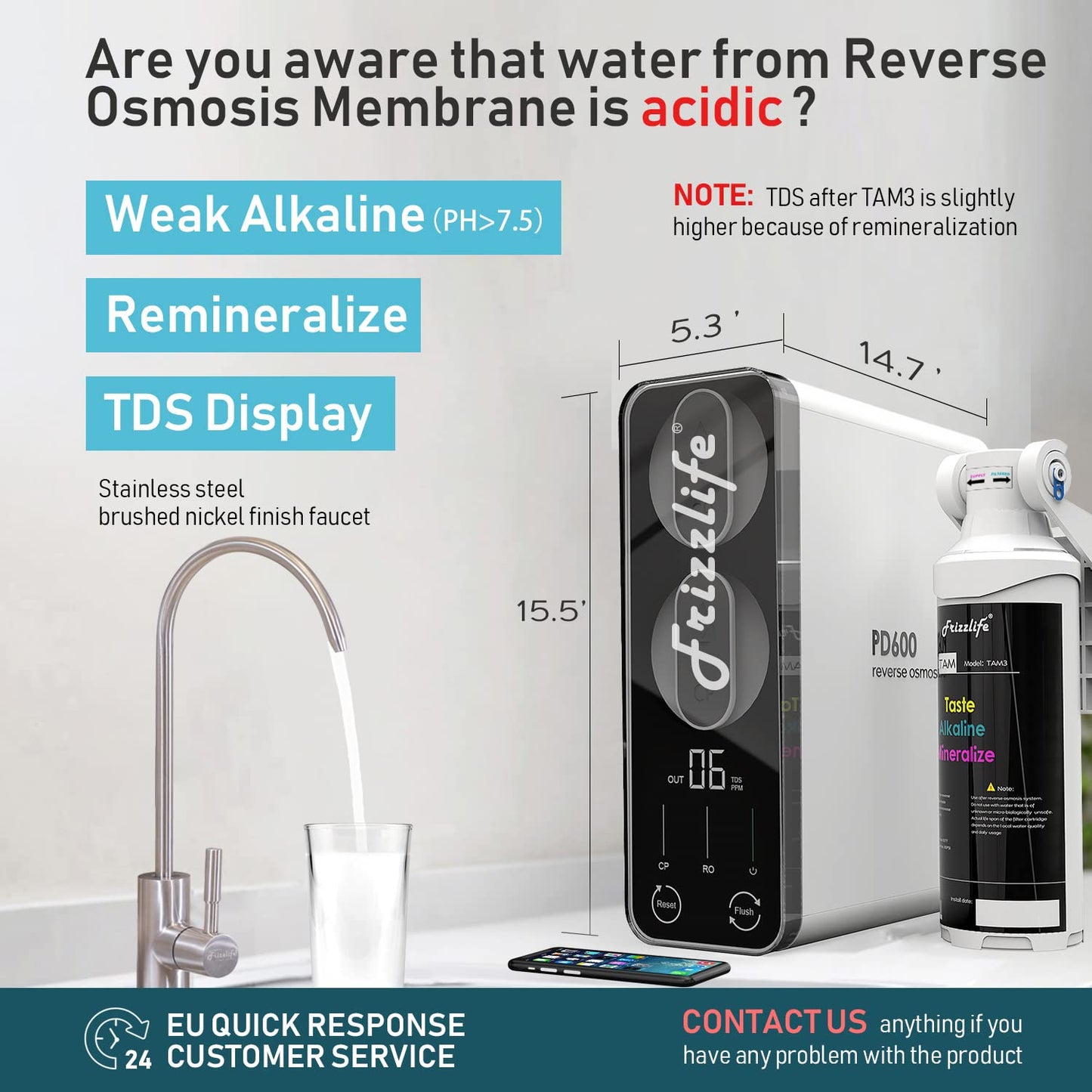 Frizzlife Reverse Osmosis Water Filter - Alkaline Mineral pH+, 600 GPD High Flow, Tankless RO Reverse Osmosis System, Under Sink, Reduce TDS, Compact, 2:1 Drain Ratio, PD600-TAM3