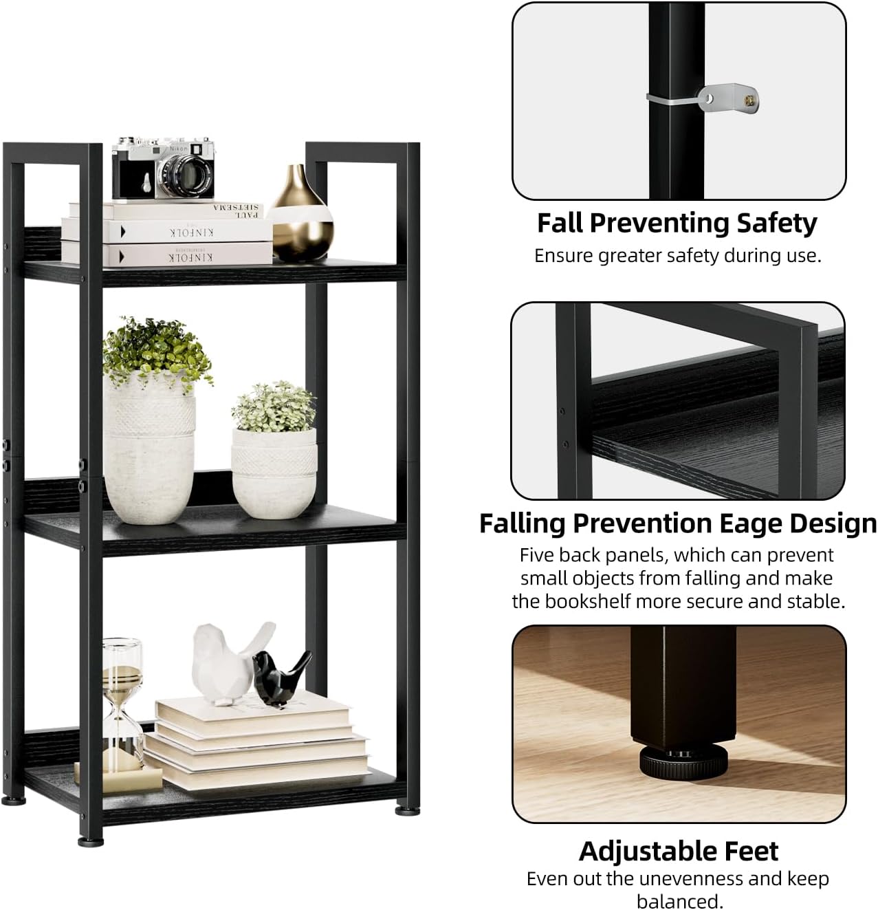 NUMENN Narrow Bookshelf, 3 Tier Bookshelves, Home Office Bookcase Shelf Storage Organizer, Free Standing Storage Shelving Unit for Bedroom, Living Room and Home Office, Black