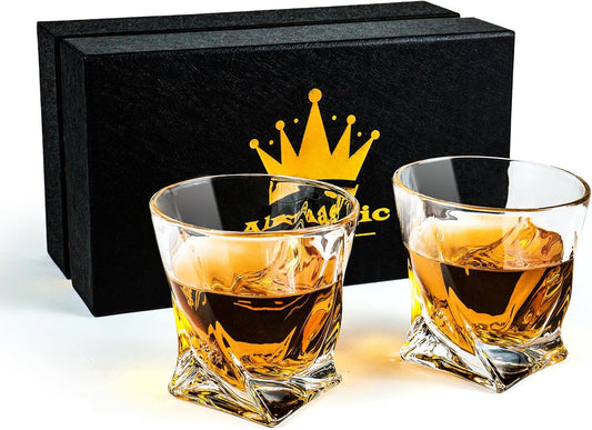 Crystal Whiskey Glasses Set of 2 (11 Oz), Old Fashioned Glass Packaged in Sturdy Gift Box, Unique Gifts for Men, Twisted Style Bourbon Glass Cocktail Glasses, Dad Gifts for Birthday