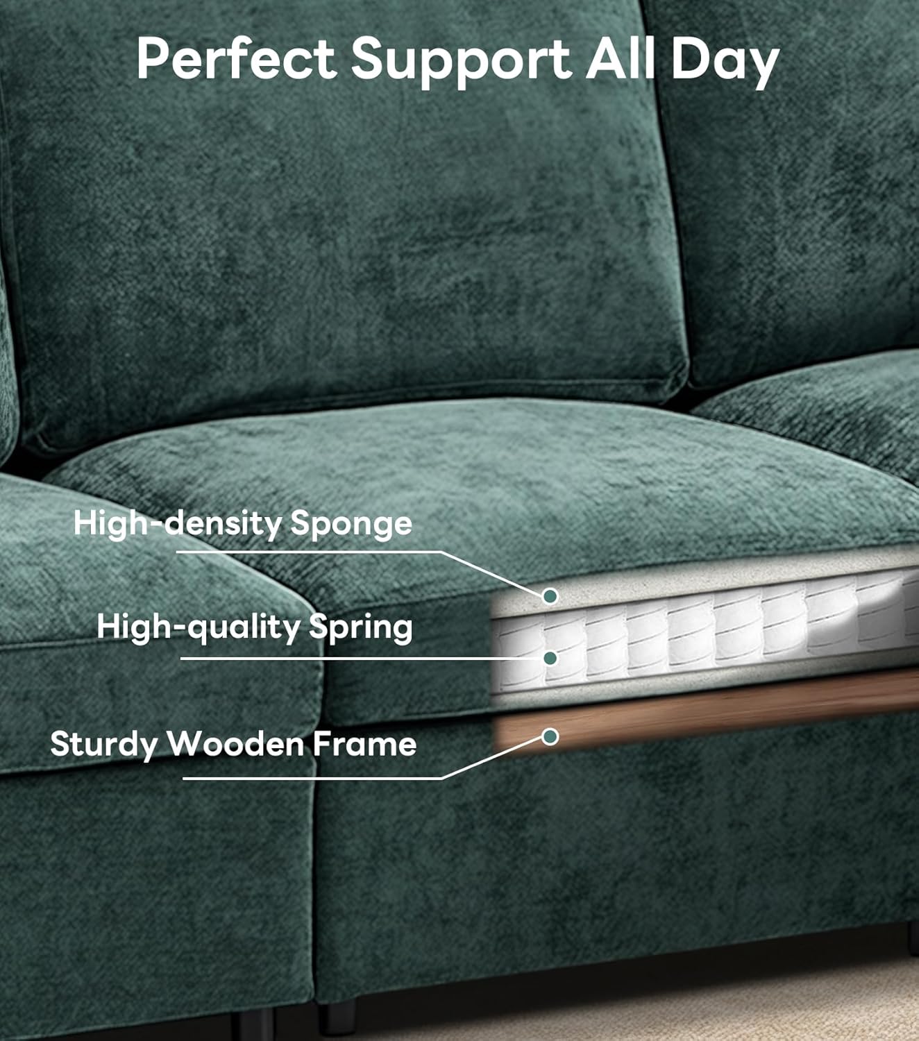 Tbfit L Shaped Couch 8 Seat, Sectional Sofa for Living Room,Chenille Cloud Couch with Ottoman, Green