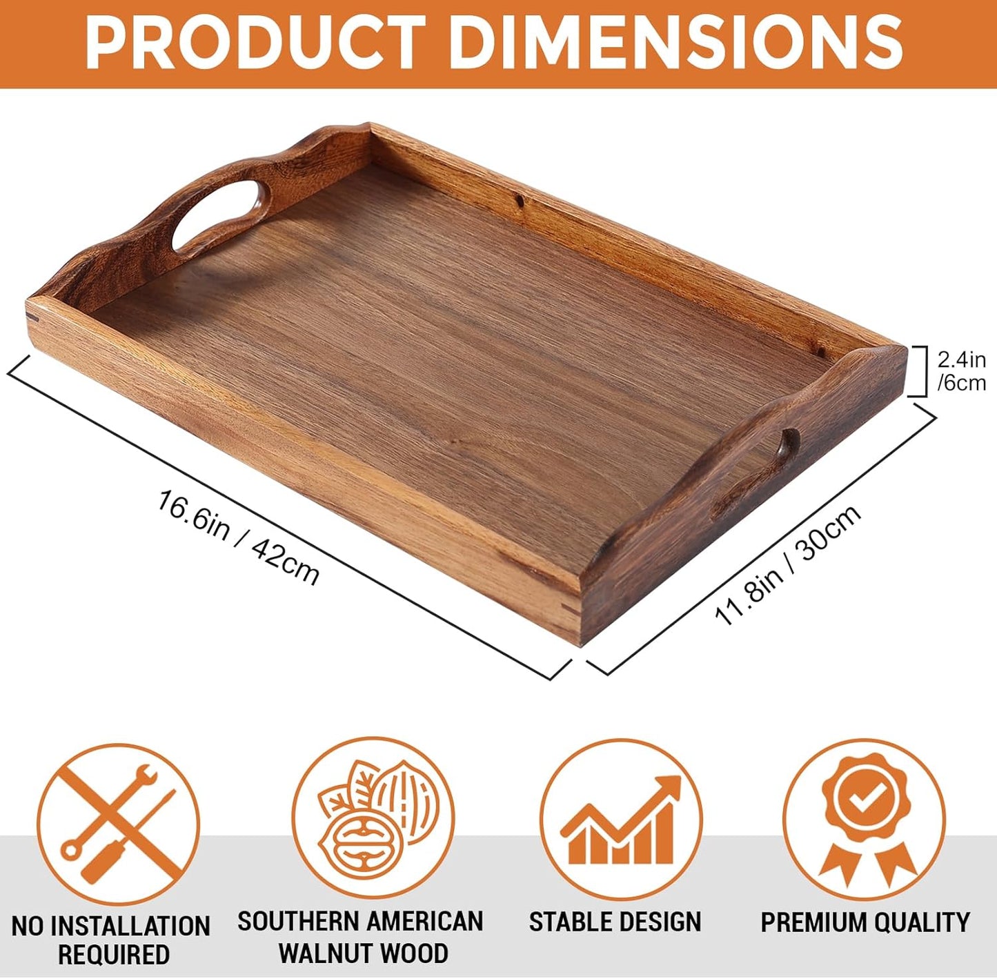 Nature Walnut Wooden Serving Tray with Handles, Solid Wood Food Tray for Coffee, Breakfast, Dinner, Ottoman,16.6x11.8x2.4 inches